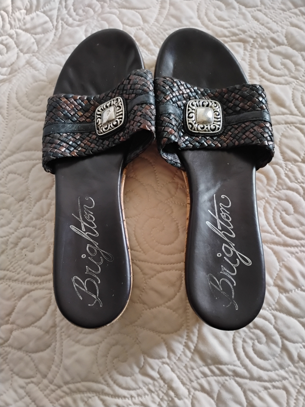 Brighton Hamlet Woven Leather Cork Wedge Slide Sandals Medallion - Size 10